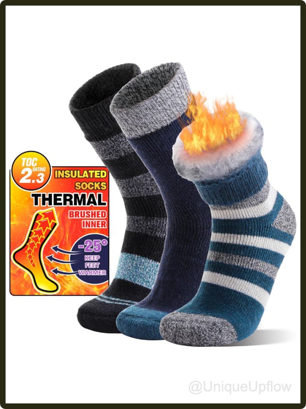 Unisex Thermal Winter Socks 3 Pairs Brushed Fleece Crew Ski Hiking Blue Size L